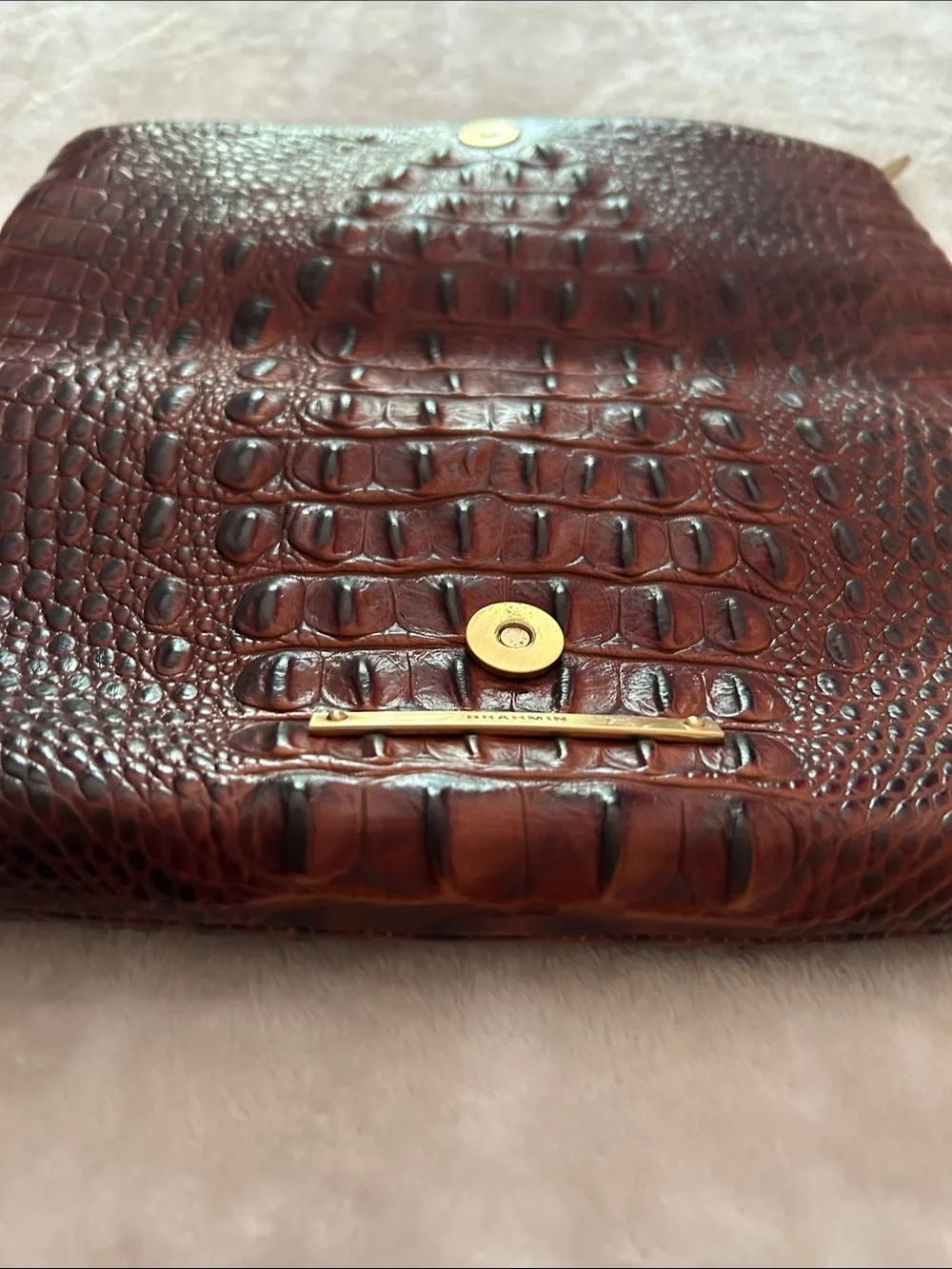 Brahmin Brown Croc-Embossed Leather Foldover Wristlet Clutch with Gold Hardware
